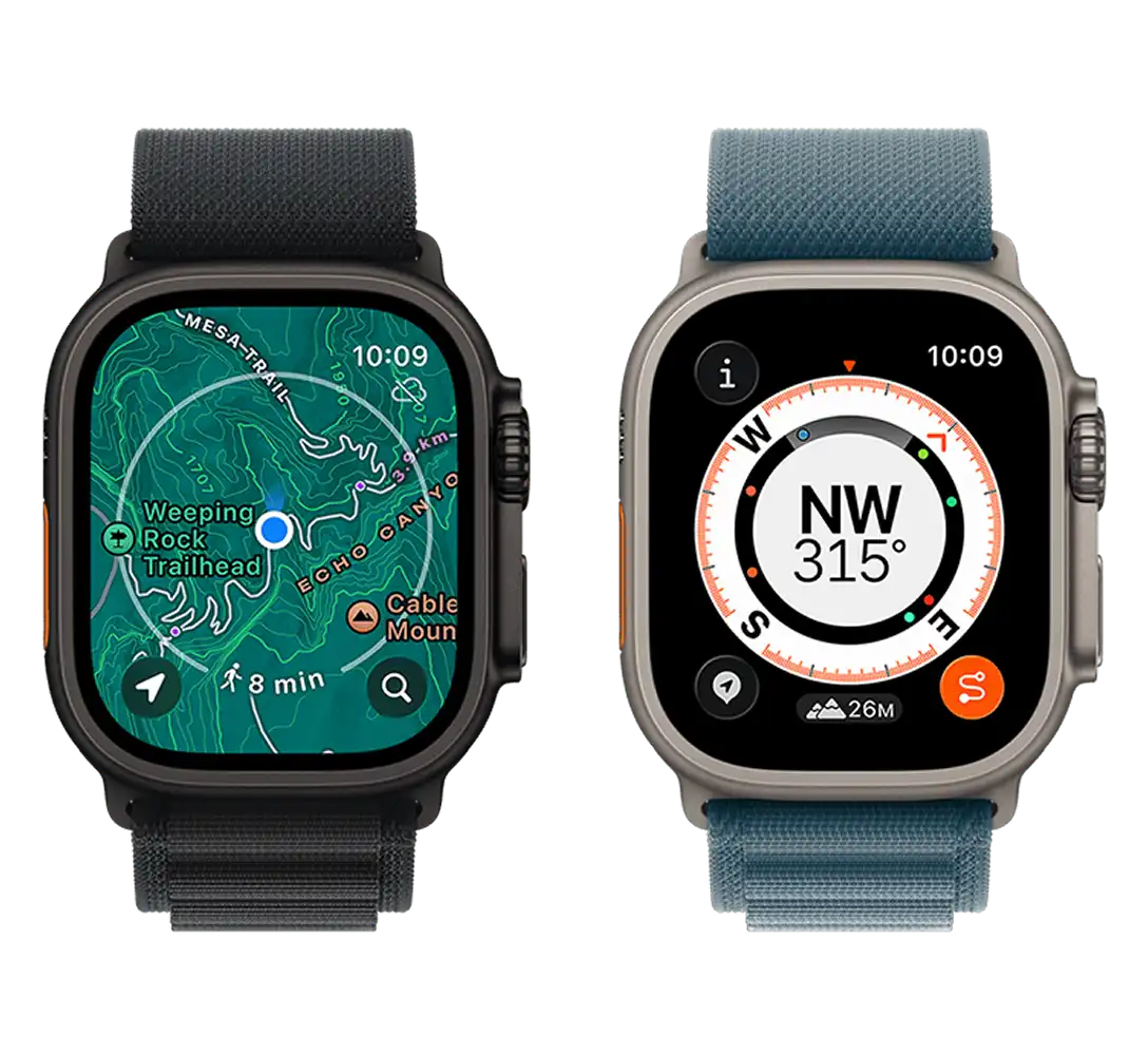 Két Apple Wach Ultra 3 kijelző, egyiken egy térkép, amely mutatja az aktuális pozíciót, a másik kijelzőn pedig egy iránytűvel.